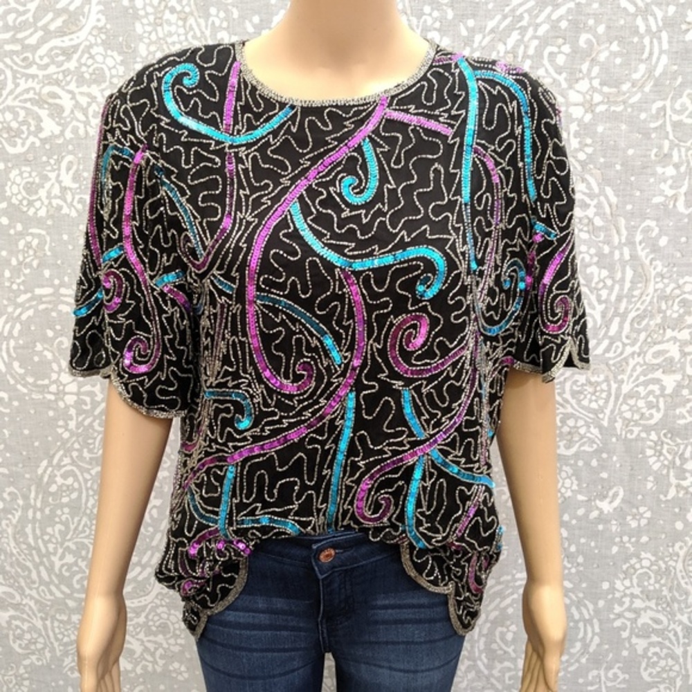 Vintage 100% Silk Beaded Blouse with Sequins